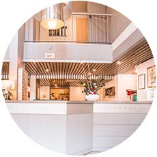 Réception moderne d'hôtel avec décoration élégante.