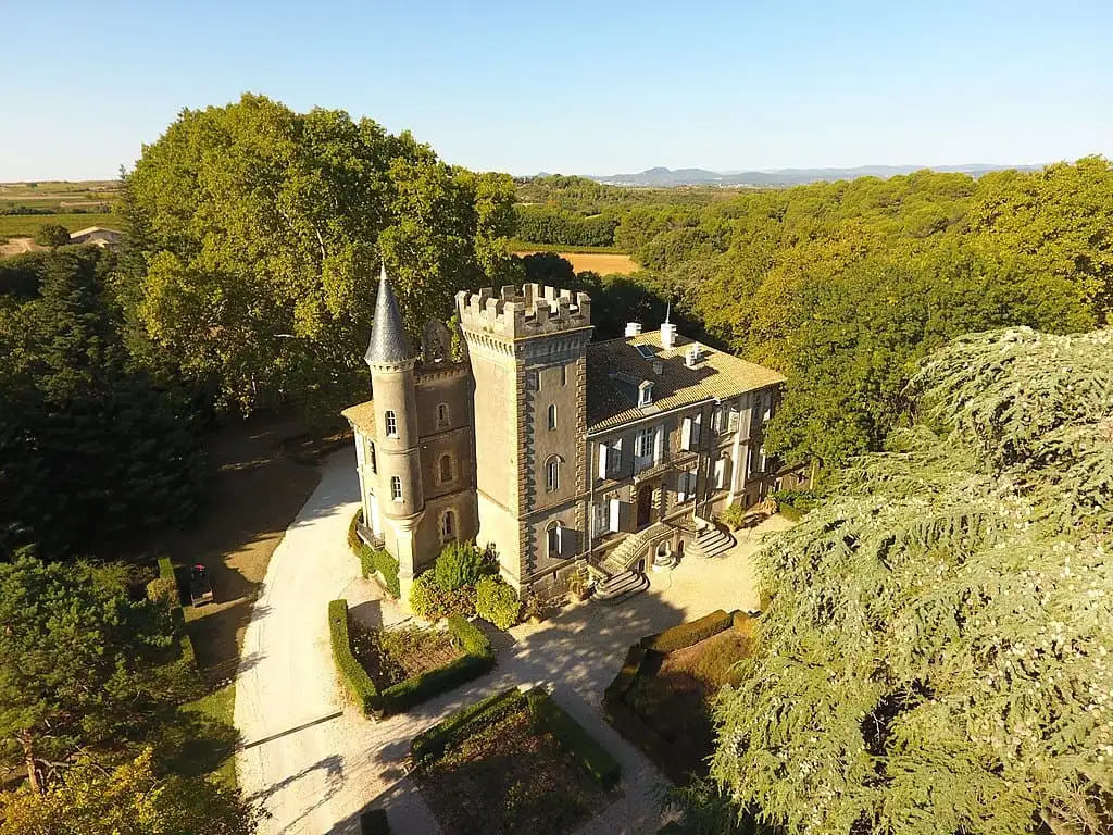 Vue aérienne d'un château entouré d'arbres.